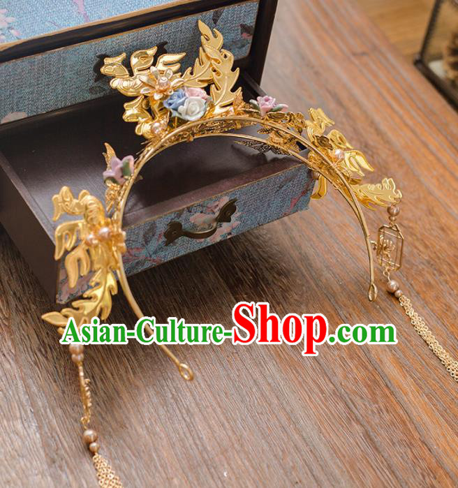 Chinese Ancient Bride Golden Hair Clasp Wedding Hair Accessories Hairpins Feather Headwear for Women