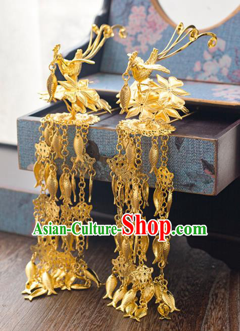 Chinese Ancient Bride Golden Tassel Hair Clips Wedding Hair Accessories Hairpins Headwear for Women