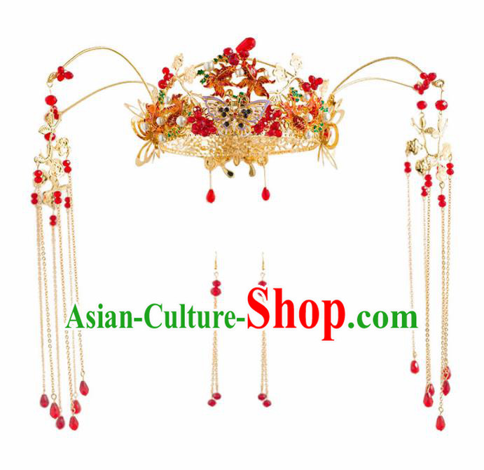 Chinese Ancient Bride Cloisonne Phoenix Coronet Wedding Hair Accessories Hairpins Headwear for Women