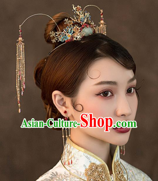 Chinese Ancient Bride Blueing Phoenix Coronet Wedding Hair Accessories Hairpins Headwear for Women