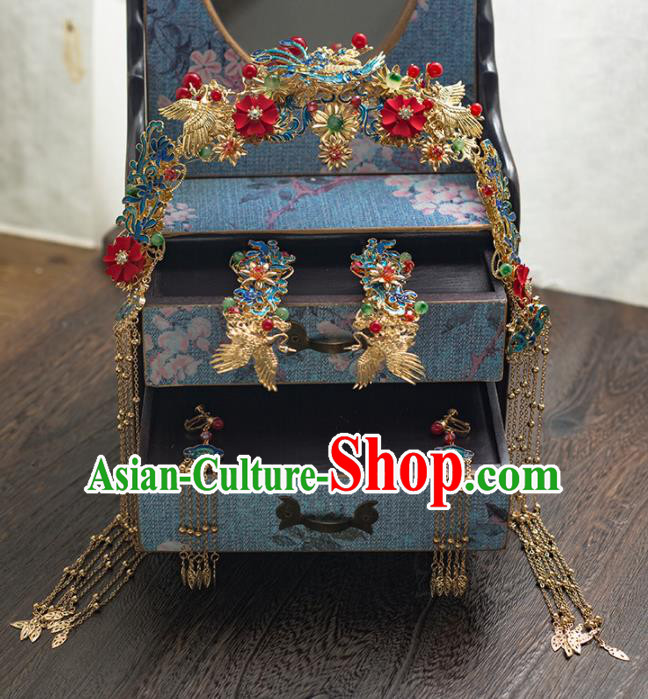 Chinese Ancient Wedding Hair Accessories Cloisonne Phoenix Coronet Bride Hairpins Headwear for Women
