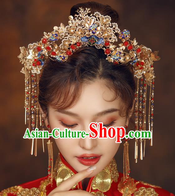 Chinese Ancient Bride Golden Phoenix Coronet Wedding Hair Accessories Palace Hairpins Headwear for Women