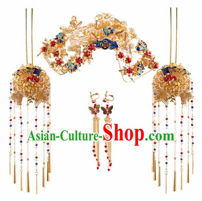 Chinese Ancient Bride Golden Phoenix Coronet Wedding Hair Accessories Palace Hairpins Headwear for Women