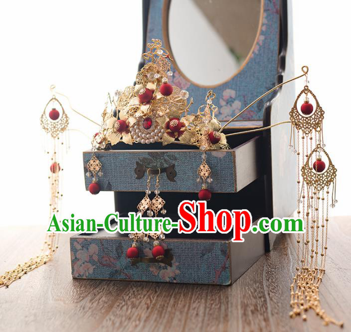 Chinese Ancient Bride Pearls Phoenix Coronet Wedding Hair Accessories Palace Hairpins Headwear for Women