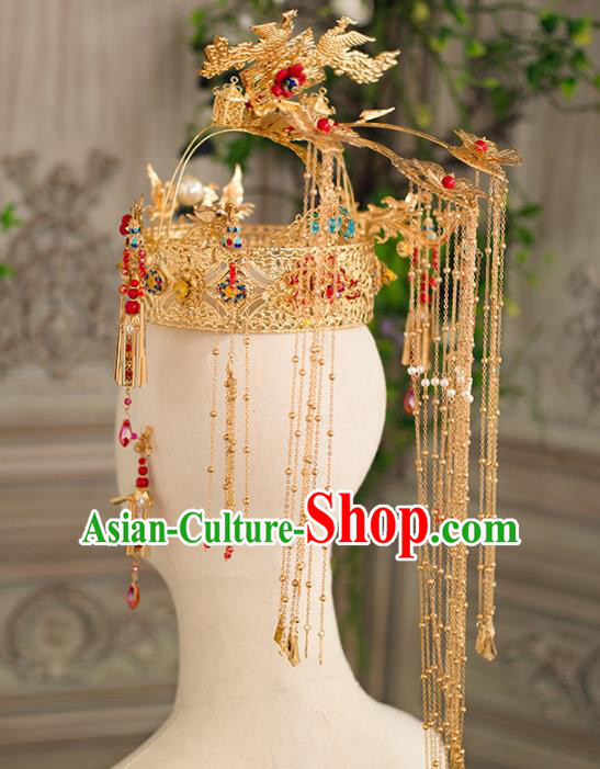 Chinese Ancient Wedding Hair Accessories Luxury Golden Phoenix Coronet Bride Hairpins Headwear for Women