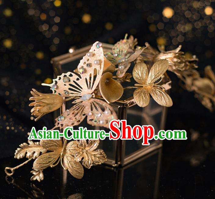Top Grade Handmade Wedding Hair Accessories Bride Golden Butterfly Hair Stick Headwear for Women