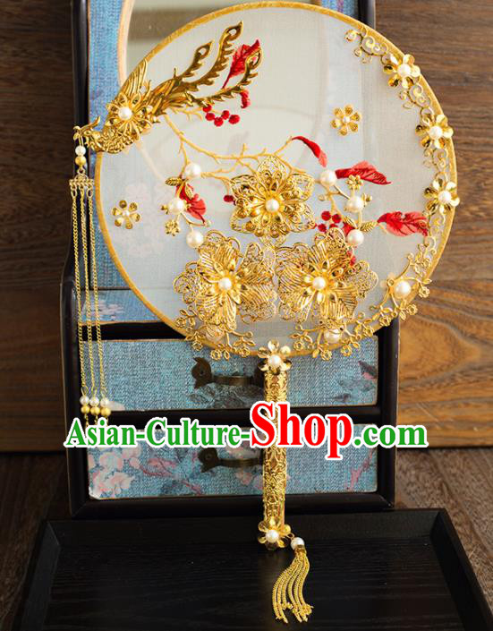 Chinese Ancient Wedding Accessories Bride Palace Fans Handmade Golden Flowers Round Fan for Women