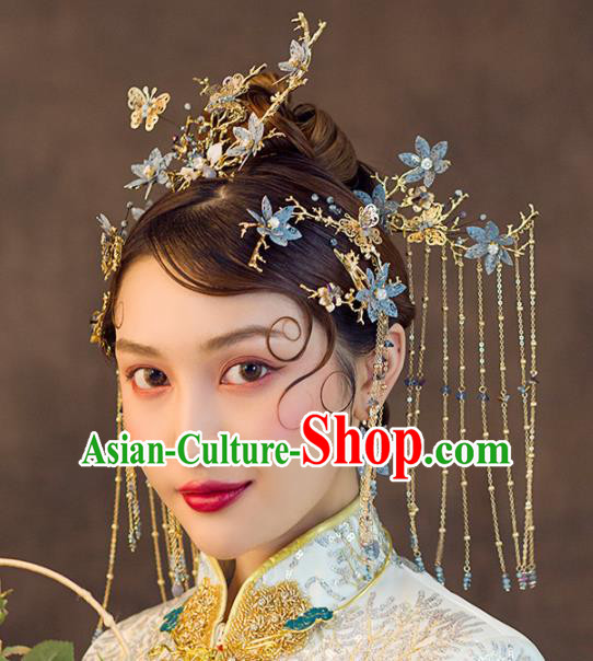 Chinese Ancient Wedding Hair Accessories Bride Blue Flowers Phoenix Coronet Hairpins Headwear for Women
