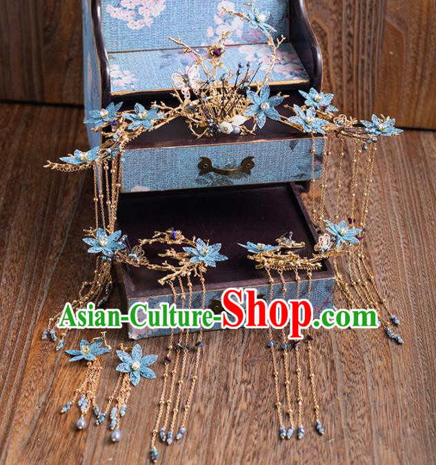 Chinese Ancient Wedding Hair Accessories Bride Blue Flowers Phoenix Coronet Hairpins Headwear for Women