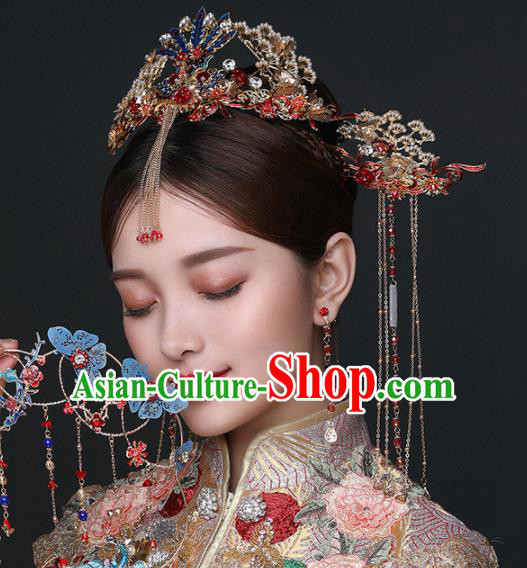 Chinese Ancient Wedding Hair Accessories Bride Blueing Phoenix Coronet Tassel Hairpins Headwear for Women