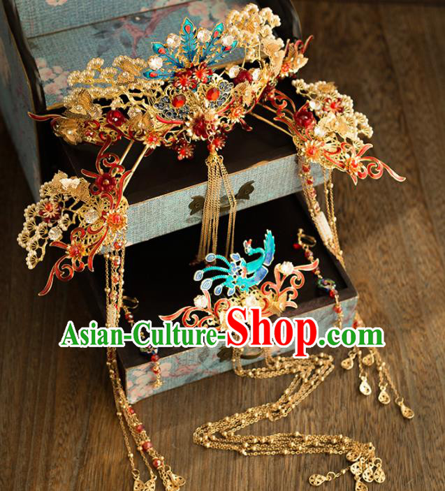 Chinese Ancient Wedding Hair Accessories Bride Blueing Phoenix Coronet Tassel Hairpins Headwear for Women