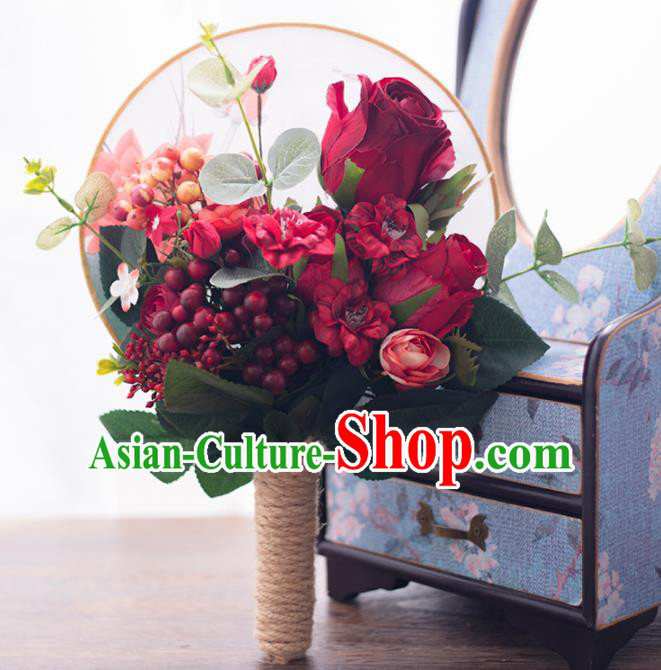 Chinese Ancient Wedding Accessories Bride Handmade Red Rose Palace Fans Round Fans for Women