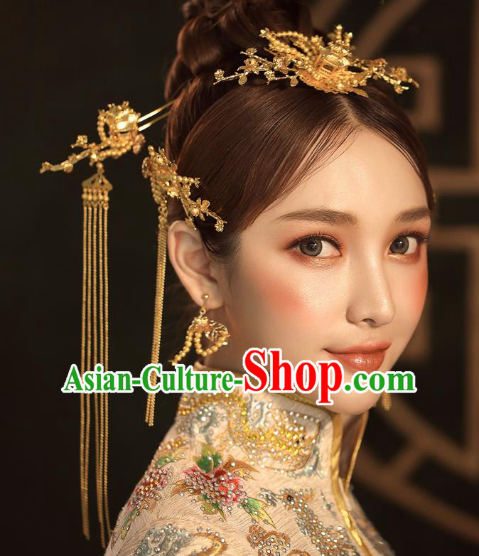 Chinese Ancient Palace Bride Golden Hair Crown Wedding Hair Accessories Tassel Hairpins Headwear for Women