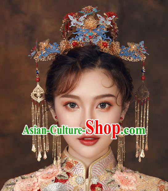 Chinese Ancient Palace Bride Hair Accessories Wedding Blueing Butterfly Phoenix Coronet Hairpins Headwear for Women