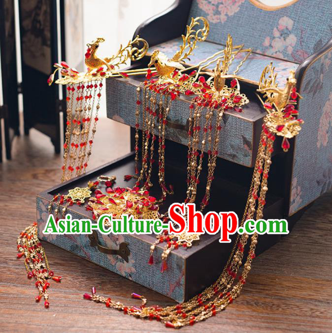 Chinese Ancient Palace Bride Hair Accessories Wedding Golden Phoenix Hairpins Headwear for Women
