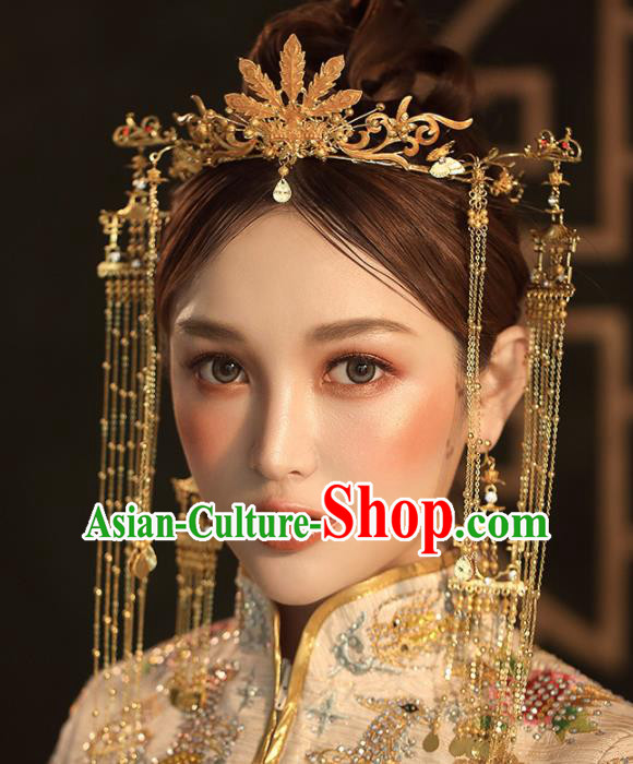 Chinese Ancient Palace Bride Hair Accessories Wedding Golden Phoenix Coronet Hairpins Headwear for Women