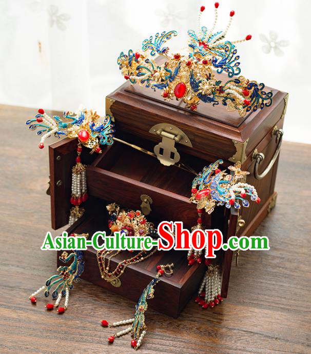 Chinese Ancient Palace Bride Hair Accessories Phoenix Coronet Pearls Hairpins Headwear for Women