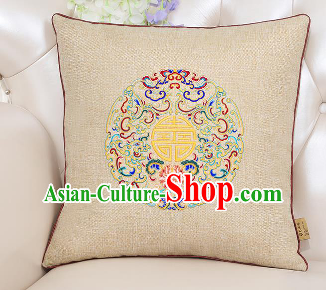 Chinese Classical Household Ornament Traditional Handmade Embroidered Beige Linen Cushion