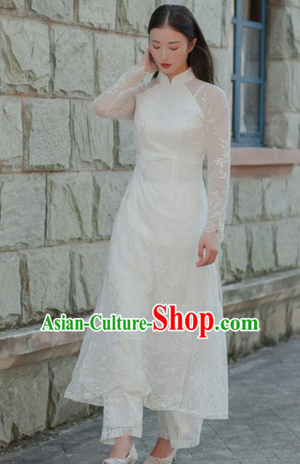 Chinese Traditional Costumes National Qipao Dress White Cheongsam for Women