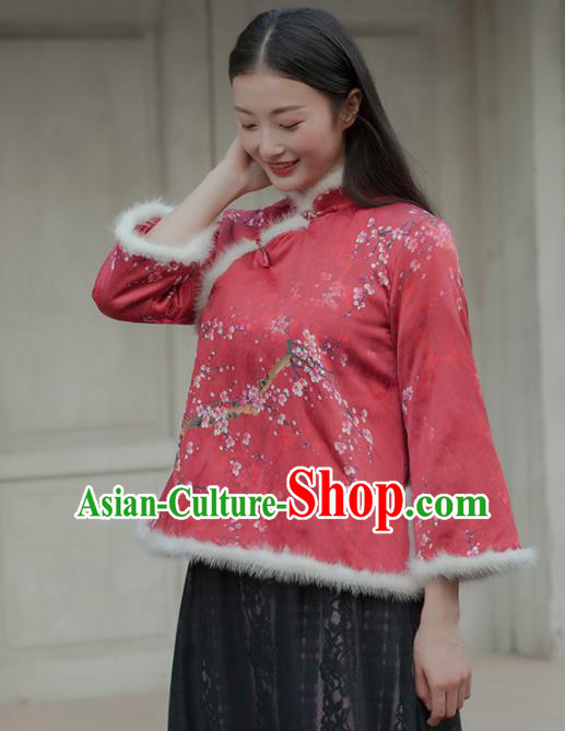Chinese Traditional Costumes National Tang Suit Qipao Blouse Red Cotton Padded Jacket for Women
