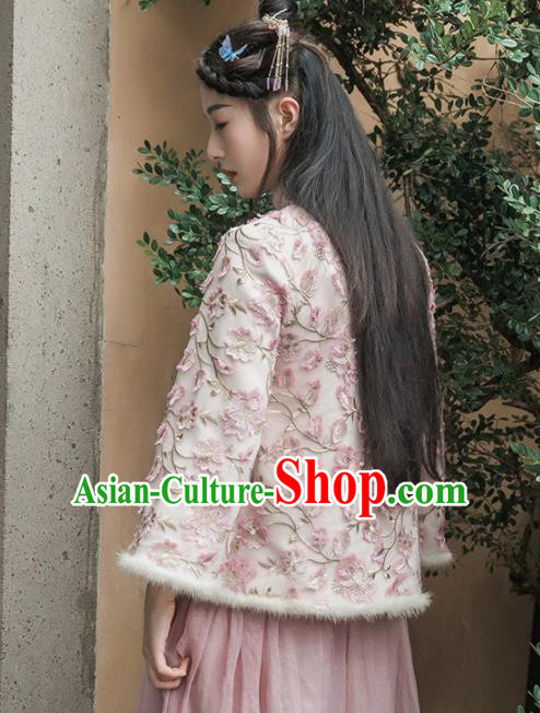 Chinese Traditional Costumes National Tang Suit Pink Cotton Wadded Jacket for Women