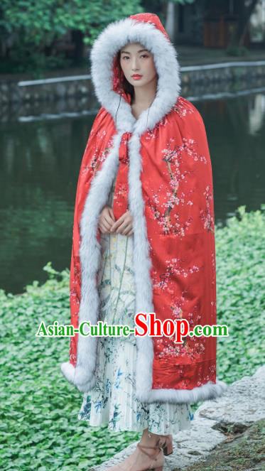 Chinese Traditional Costumes National Tang Suit Red Cotton Wadded Cloak for Women
