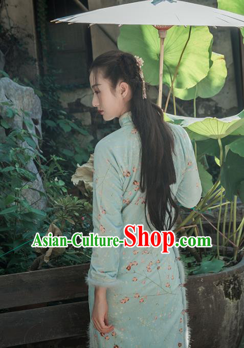 Chinese Traditional Costumes National Qipao Dress Green Quilted Cheongsam for Women