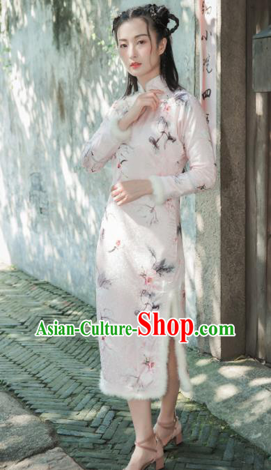Chinese Traditional Costumes National Qipao Dress Mink Wool Cheongsam for Women