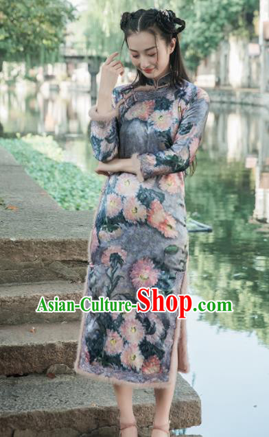 Chinese Traditional Costumes National Qipao Dress Mink Wool Navy Cheongsam for Women