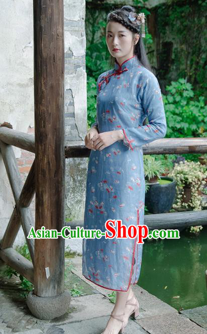 Chinese Traditional Costumes National Blue Qipao Dress Classical Cheongsam for Women