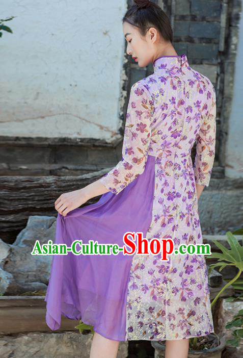 Chinese Traditional Tang Suit Costumes National Printing Purple Qipao Dress Classical Cheongsam for Women