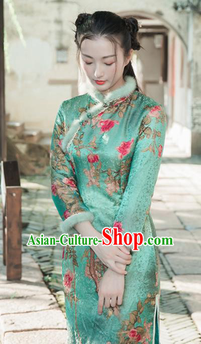 Chinese Traditional Costumes National Qipao Dress Mink Wool Green Cheongsam for Women