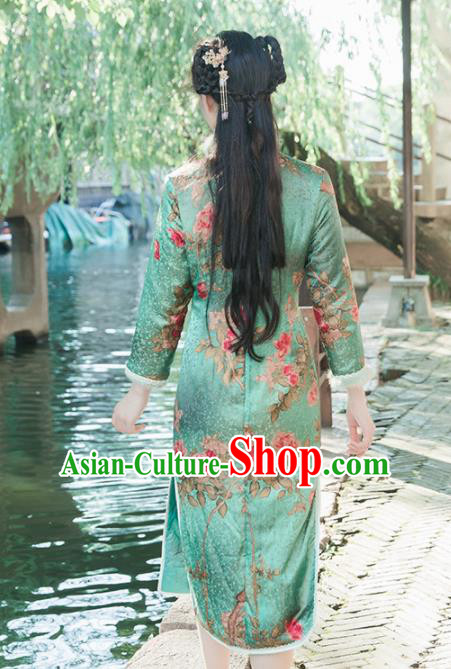 Chinese Traditional Costumes National Qipao Dress Mink Wool Green Cheongsam for Women