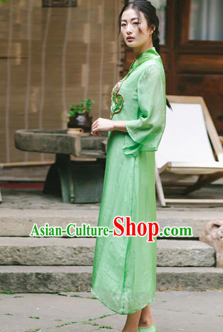 Chinese Traditional Costumes National Embroidered Green Qipao Dress Tang Suit Cheongsam for Women