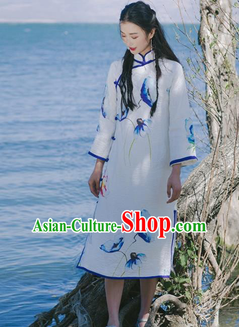 Chinese Traditional Costumes National White Qipao Dress Tang Suit Cheongsam for Women