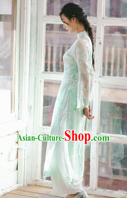 Chinese Traditional Costumes National Green Veil Qipao Dress Tang Suit Cheongsam for Women