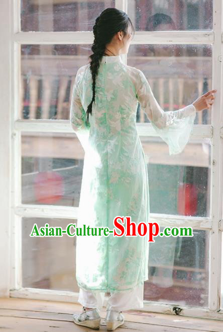 Chinese Traditional Costumes National Green Veil Qipao Dress Tang Suit Cheongsam for Women