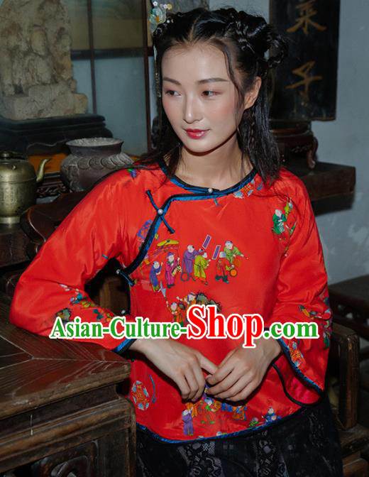 Chinese Traditional Costumes National Tang Suit Blouse Red Silk Qipao Shirt for Women