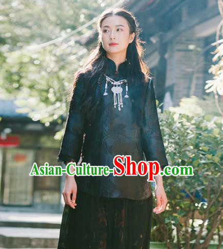 Chinese Traditional Costumes National Black Silk Blouse Tang Suit Qipao Upper Outer Garment for Women