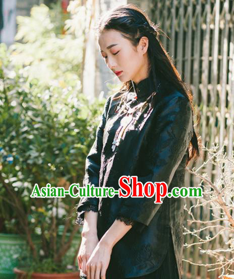 Chinese Traditional Costumes National Black Silk Blouse Tang Suit Qipao Upper Outer Garment for Women