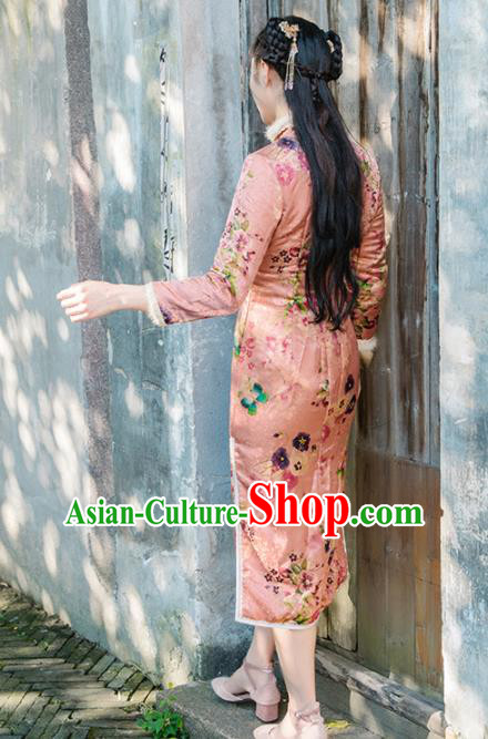 Chinese Traditional Costumes National Pink Silk Qipao Dress Mink Wool Cheongsam for Women