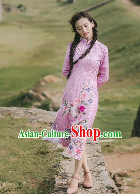 Chinese National Pink Silk Qipao Dress Traditional Costumes Tang Suit Cheongsam for Women