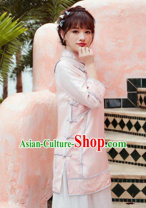 Chinese Traditional Costumes National Pink Qipao Blouse Tang Suit Upper Outer Garment for Women