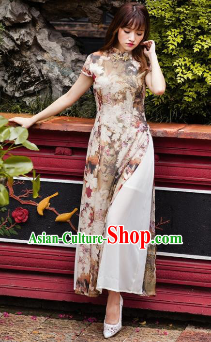 Chinese National Costumes Printing Qipao Dress Traditional Tang Suit Cheongsam for Women