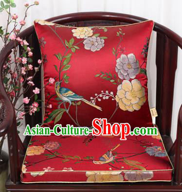 Chinese Classical Household Ornament Flowers and Birds Pattern Red Brocade Back Cushion Cover and Armchair Mat