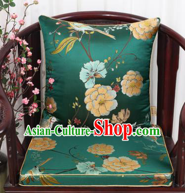 Chinese Classical Household Ornament Flowers and Birds Pattern Green Brocade Back Cushion Cover and Armchair Mat