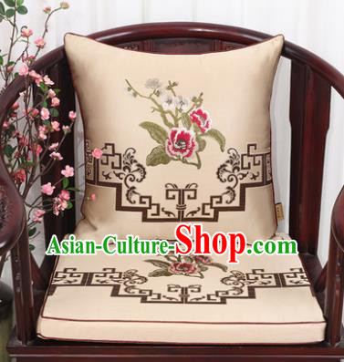 Chinese Classical Household Ornament Plum Blossom Peony Pattern Khaki Brocade Back Cushion Cover and Armchair Mat