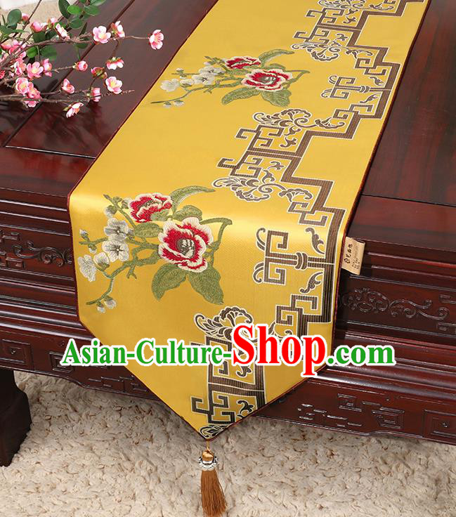 Chinese Classical Household Ornament Yellow Brocade Table Flag Traditional Handmade Embroidered Table Cloth