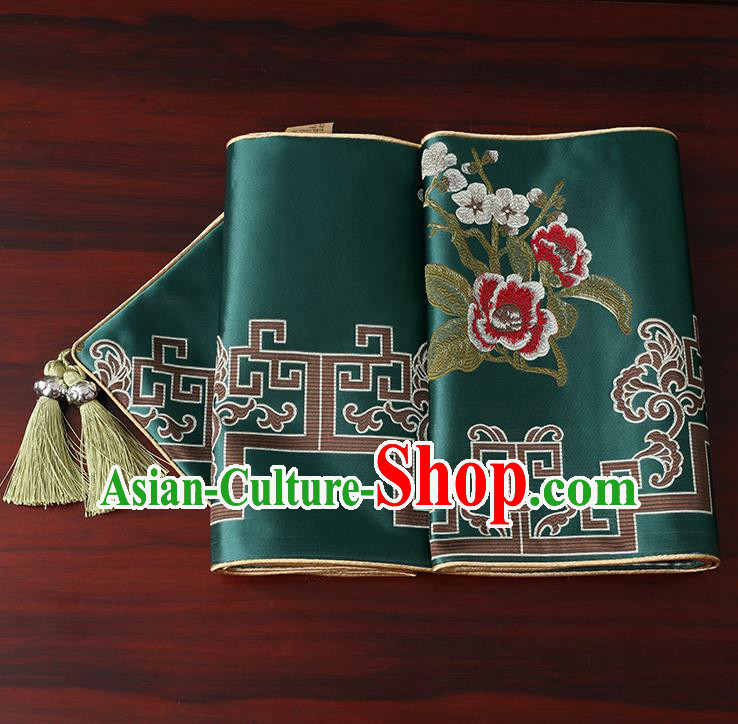 Chinese Classical Household Ornament Green Brocade Table Flag Traditional Handmade Embroidered Table Cloth