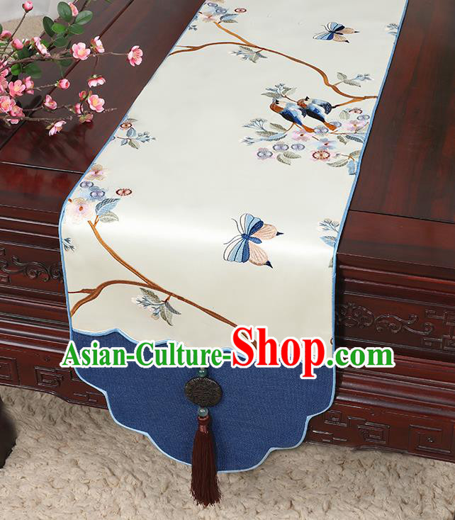 Chinese Classical Household Ornament Jade Pendant Tassel Beige Brocade Table Flag Traditional Handmade Table Cover Cloth